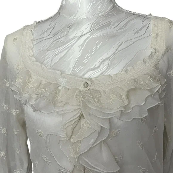 Abercrombie Fitch Sz XS Sheer Blouse Ruffles Elastic Waist Embroidered Victorian - Picture 2 of 16